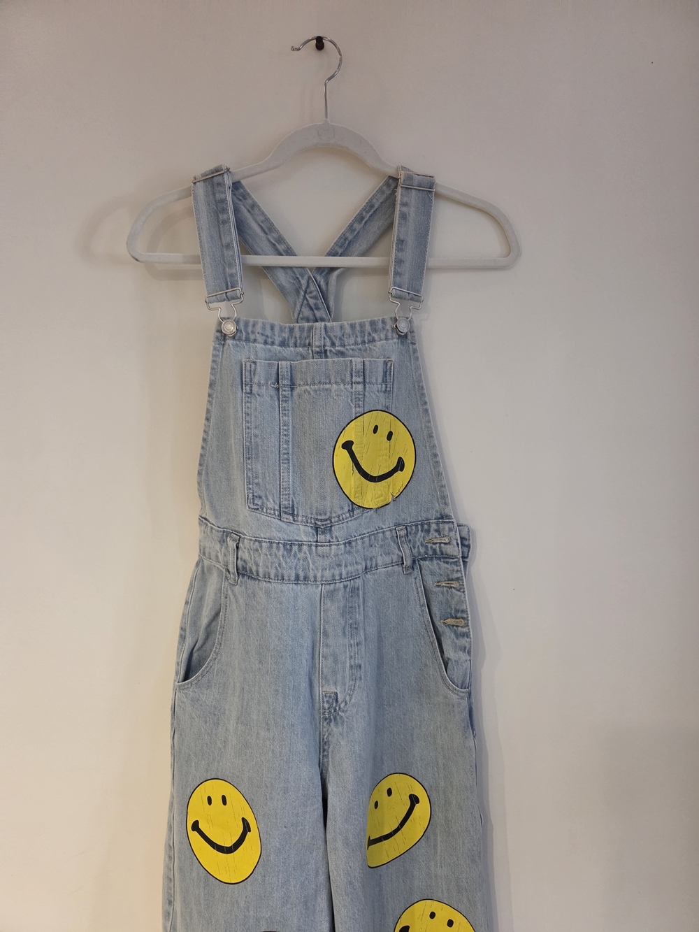 Light Blue Denim Women’s Overalls with Yellow Smiley Motif - Picture 2 of 6